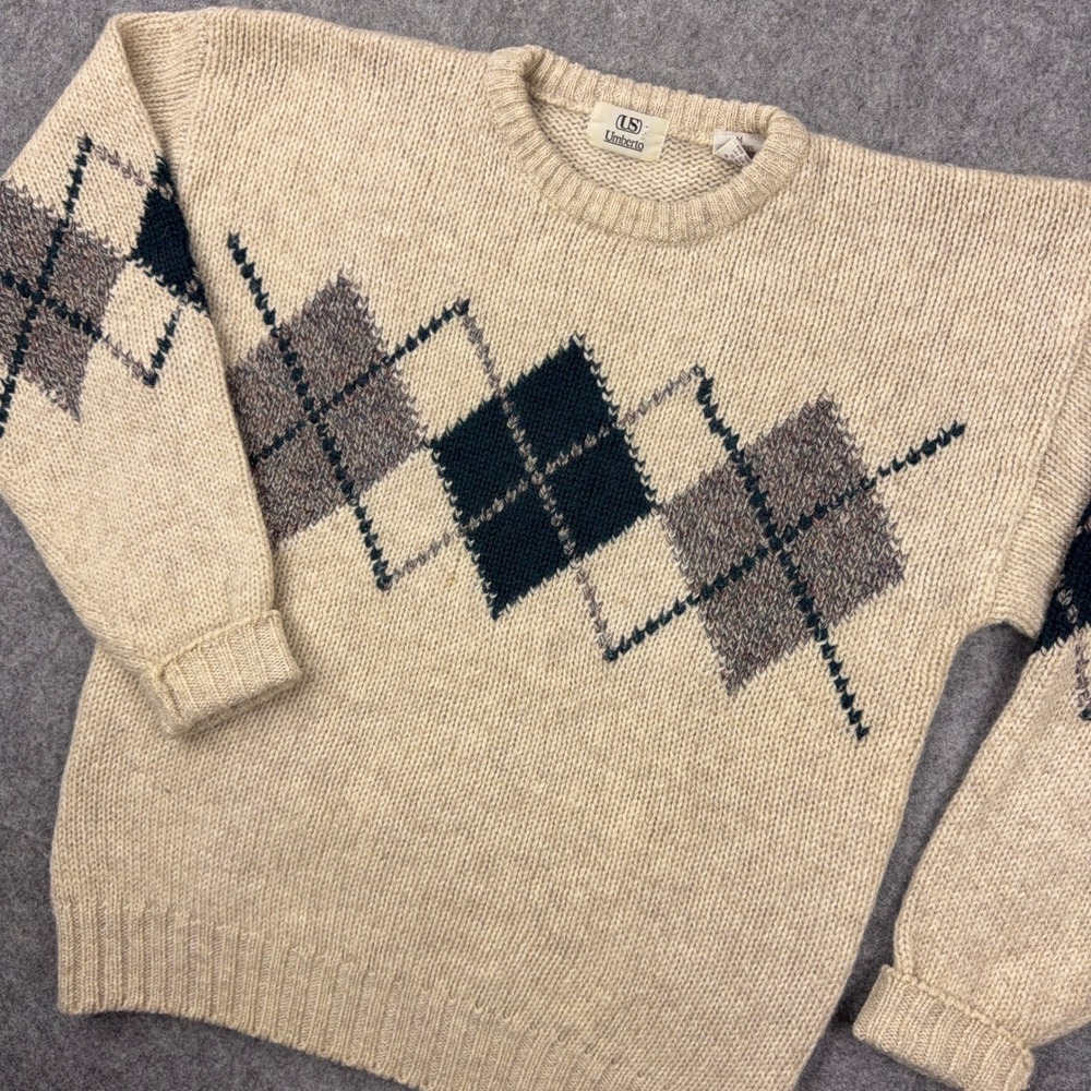 VTG Umberto Sweater Men Medium Tan Argyle 100% Virgin Shetland Wool Crewneck 90s